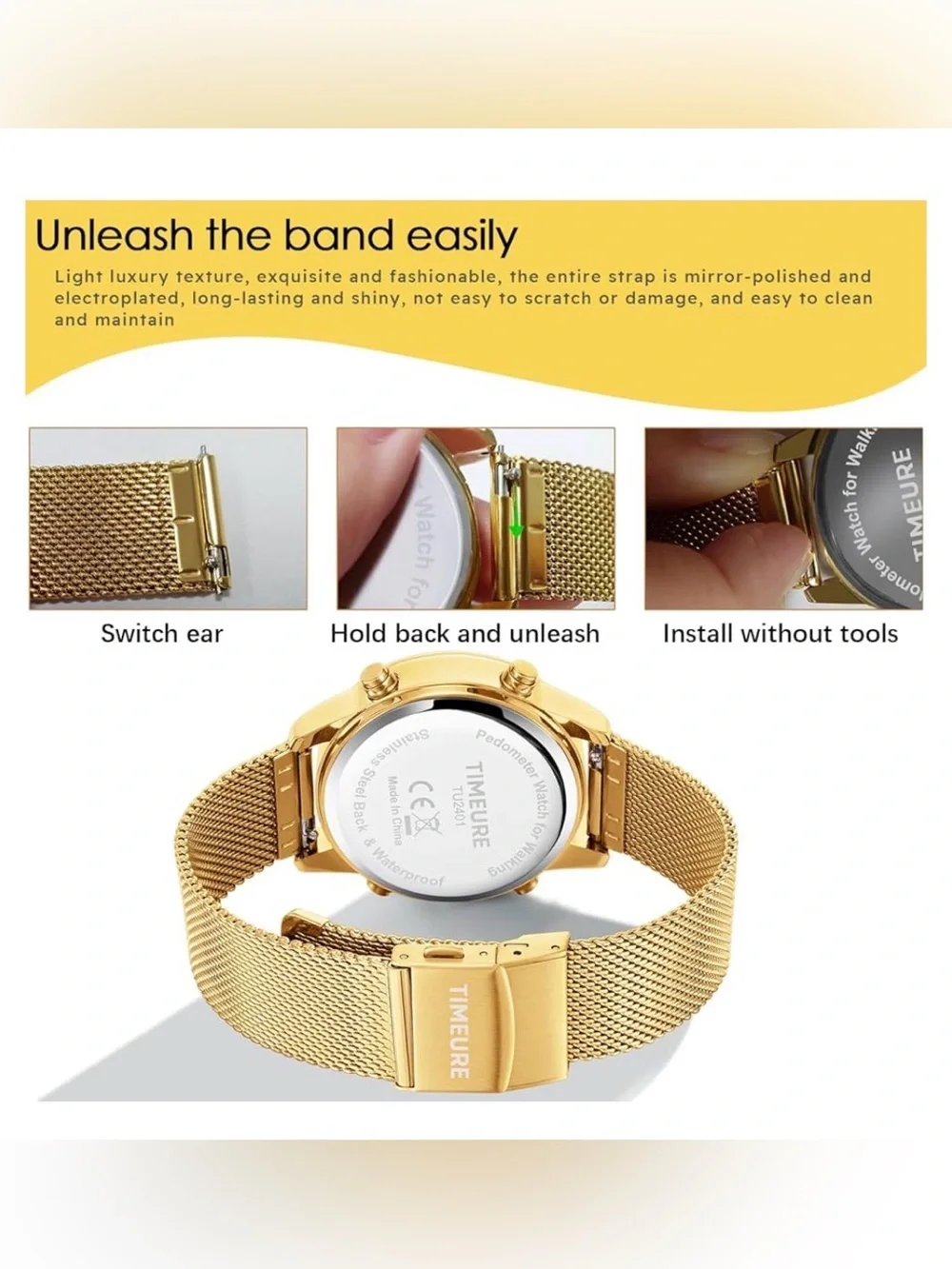 TIMEURE Digital Pedometer Watch Gold Mesh Band. Waterproof Step Counter Fitness
